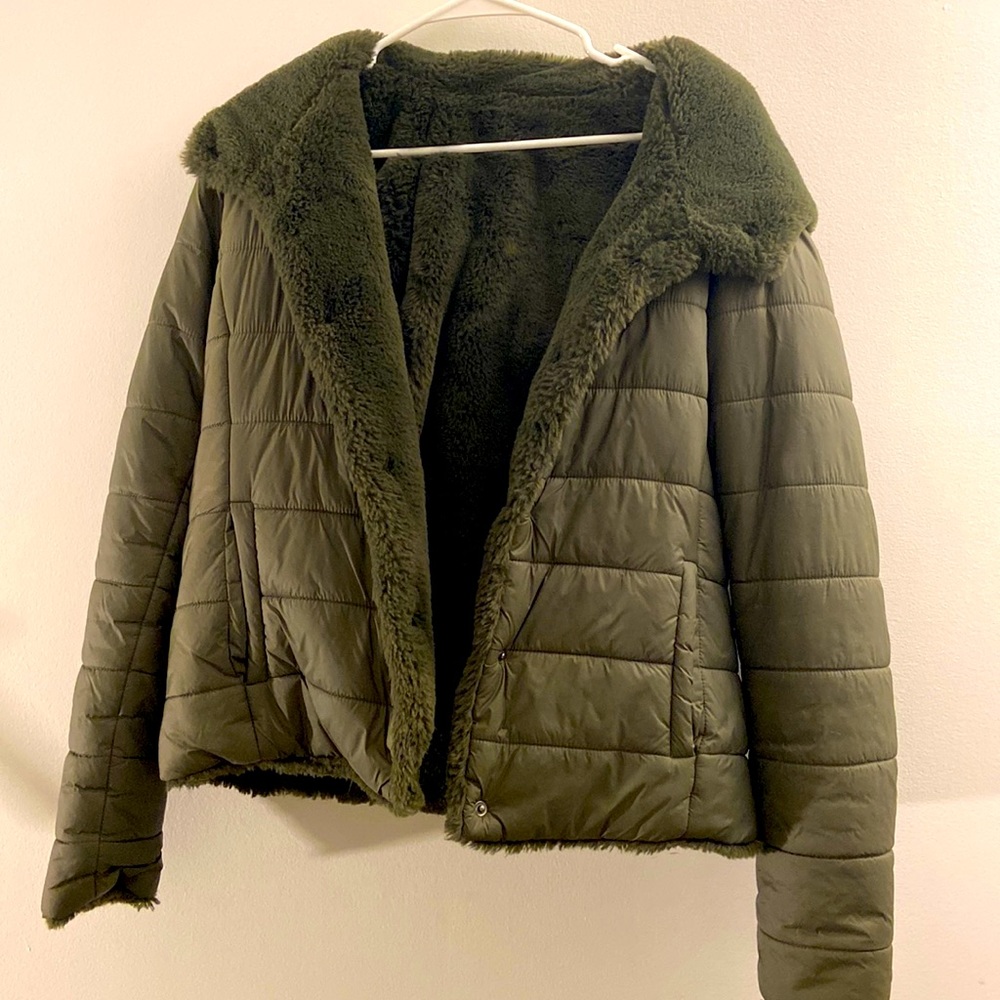 GUESS- reversible coat - two-sides - faux fur - deep olive green